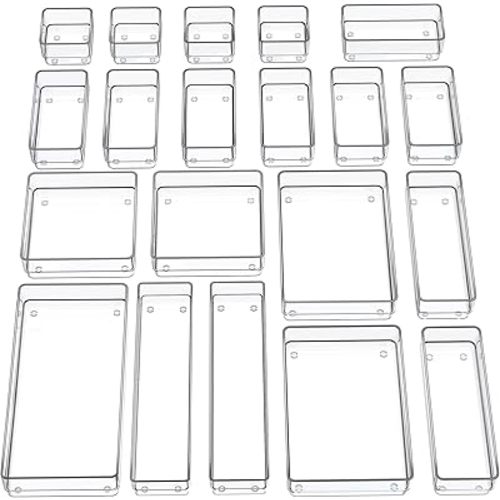 SMARTAKE 20-Piece Drawer Organizer with Non-Slip Silicone Pads, 7-Size Desk Drawer Organizer Trays Storage Tray for Makeup, Jewelries, Utensils in Bedroom Dresser, Office and Kitchen (Clear)