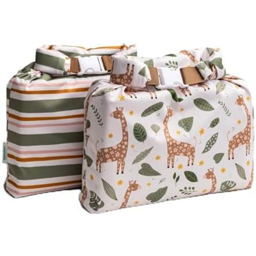 Set of 2 Water Resistant Wet Bags for Storing Laundry or Cloth Diapers Travel Size Wet Bag Daycare Beach Pool Wet Swimsuit Roll Top for Air Tight Odor Contained Washable Reusable (Giraffes)