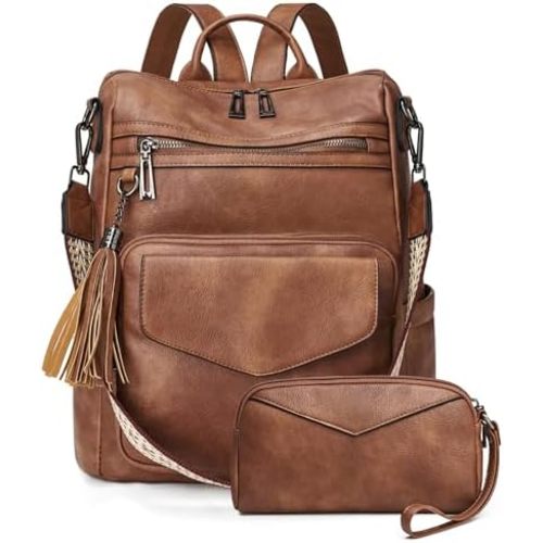 OPAGE Backpack Purse for Women Leather Anti-theft Fashion Designer Travel Backpack Ladies Shoulder Bags With Wristlet-Brown