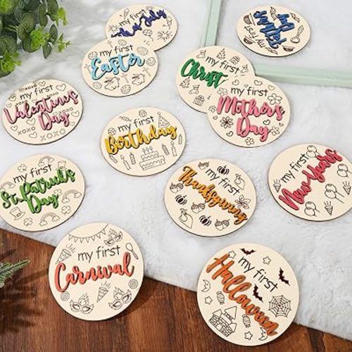 12Pcs First Holiday Baby Milestone Cards Double-deck Wooden Discs Announcement Sign Newborn Photography Prop for Pregnancy Baby Shower Party Gift Supplies