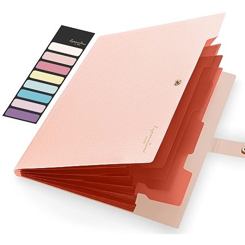 Sooez Expanding File Folder, Letter Size Accordion File Organizer, 5 Pocket Folders for Documents, Cute Folder with Labels, Portable Paper Organizer for School Office Supplies, A4 Size, Peach