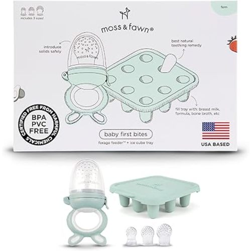 Moss and Fawn Baby's First Bites Bundle - Silicone Frozen Breast Milk Popsicle Kit with Forage Feeder & Teething Popsicle Ice Cube Tray - BPA, PVC, & Lead-Free - Fern