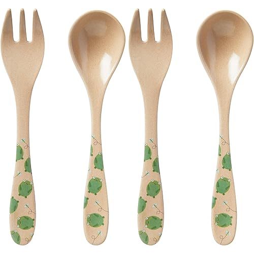 Nuby Eco-Friendly Natural Rice Husk Spoon and Fork Set- 2 Piece Set, Frog Print, 6+ Months- Fully Compostable and Biodegrable (Pack of 2)