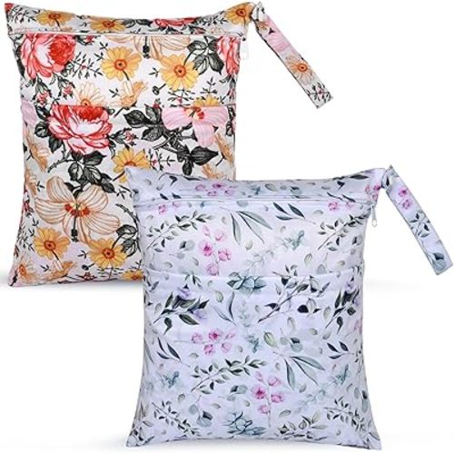 2pcs Cloth Diaper Wet Dry Bags Waterproof Reusable with Two Zippered Pockets Travel Beach Pool Stroller Daycare Soiled Baby Items Yoga Gym Bag for Swimsuits or Wet Clothes - Flower