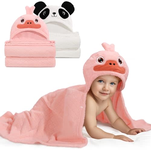 WODHOY Toddler Bath Towels Age 1-2, Soft Absorbent Animal Hooded Towel for Kids Girls, 2 Pack 50" x 32" Large Thick Baby Towels with Hood, White Panda & Pink Duck Set