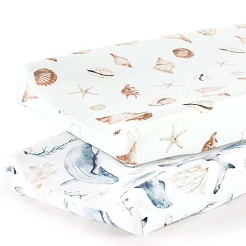 GRSSDER Stretch Ultra Soft Jersey Knit Changing Pad Cover Set 2 Pack,Change Table Pad Covers Fit 32"/34" x 16" Pads Safe and Snug,Stylish Cute Whale Sea Worl for Baby - Shell