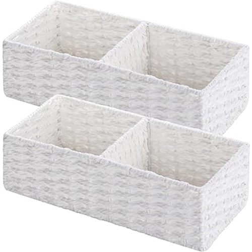 Vagusicc 2 Section Wicker Storage Basket, Wicker Baskets for Storage, Toilet Paper Basket for Toilet Tank Top, Small Wicke Baskets for Organizing Shelves, 2-Pack, White