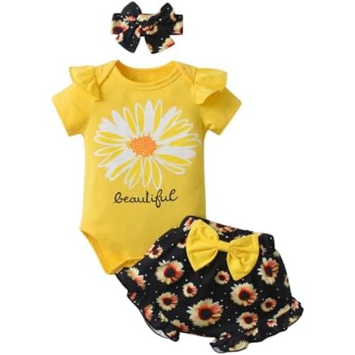 Infant Baby Girl Clothes Summer Ruffle Sleeve Romper Floral Shorts Headband 3Pcs Outfits Set