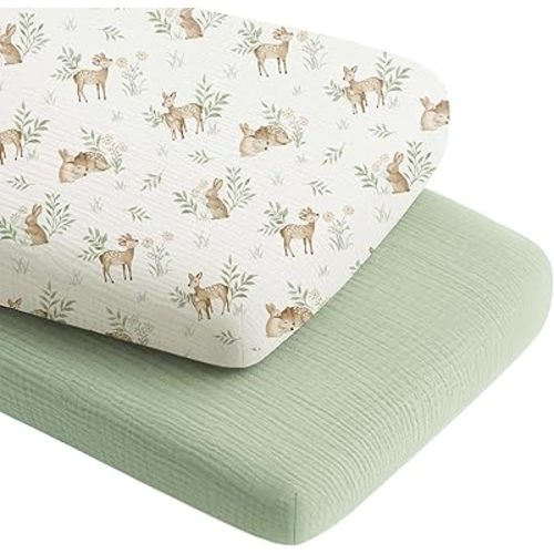 Konssy 2 Pack Muslin Bassinet Sheets for Boys, Girls, 100% Cotton Soft Breathable Fitted Bassinet Mattress Sheet, 33 x 21 inches (Woodland,Sage)