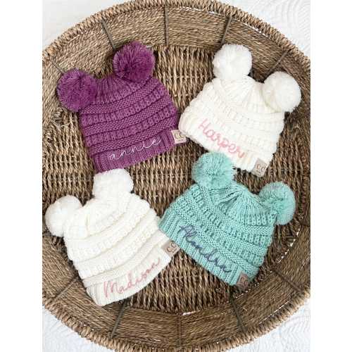 Personalized Baby Infant CC Knit Double Pom Beanie up to 8 months