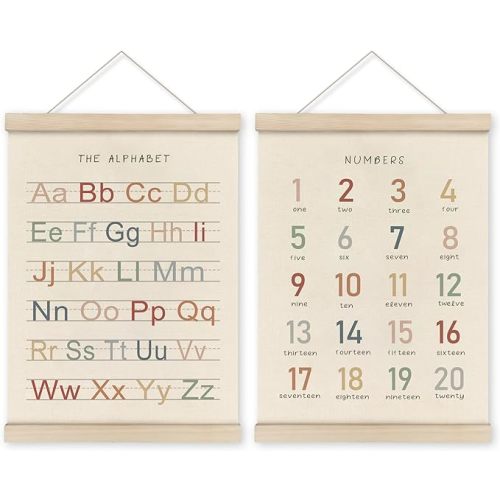 HRQKO Alphabet Numbers Poster Hanger Frame Set of 2, Nursery Wall Decor, ABC Banner Poster Wall Art with Wooden Frames, Alphabet Banner Wall Hanging Decor for Toddler Playroom Nursery, 12x16 Inch - Alphabet & Numbers Poster