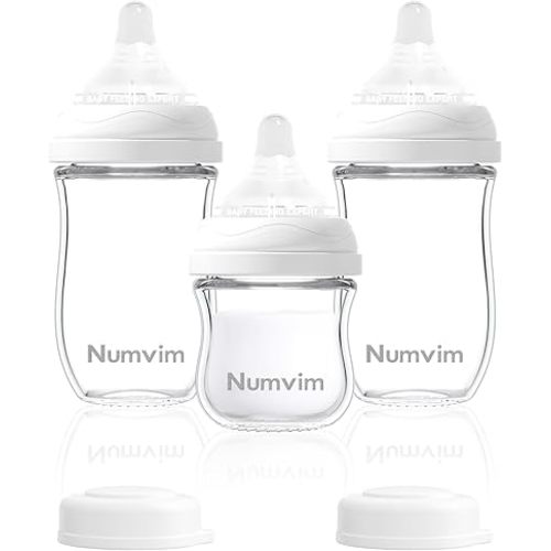 Glass Baby Bottles Gentle Slow Flow, Newborn Breastfeeding Bottle with Anti Colic Nipple for 0 Months Babies, 3 Packs (White, 3oz+5oz)