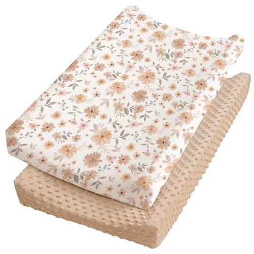 Konssy Minky Changing Pad Cover 2 Pack, Soft Minky Dots Plush Diaper Changing Table Cover Set, Breathable Changing Pad Sheets for Baby Girls Boys (Flourish, Clay)