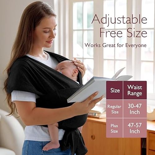 Momcozy Baby Wrap Carrier Skin-Friendly Fabric, Easy to Wear Baby Carrier Sling T-Shirt Design, Hands Free Baby Carriers Newborn to Toddler 8-35lbs, Adjustable Buckle Suit for Waist 27-47inch, Black