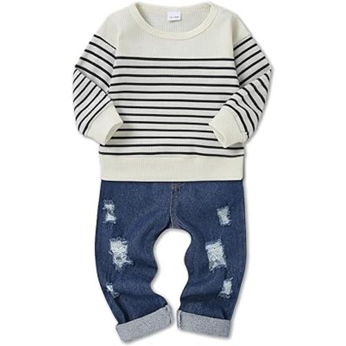CARETOO Toddler Baby Boy Clothes Long Sleeve Sweatshirt Top Ripped Jeans Pants Set Infant Fall Winter Outfits 1-5T