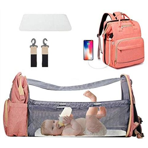 5 in 1 Travel Foldable Bed Diaper Bag Portable Diaper Changing Station,Portable Foldable Bed for Baby Girls Boys with Sunshade and USB Port (Orange)