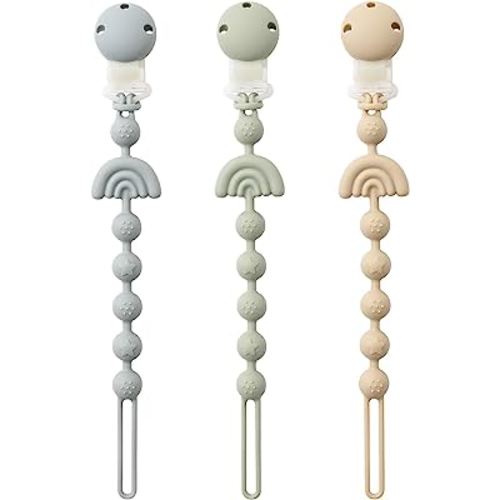 Baby Pacifier Clips One Piece Binky Clip Holder Silicone Teether Clip Pacifier Straps with Clip Baby Teether Toys for Boys and Girls Set of 3 Andy Bear-Ivory+Sage+Baby Blue