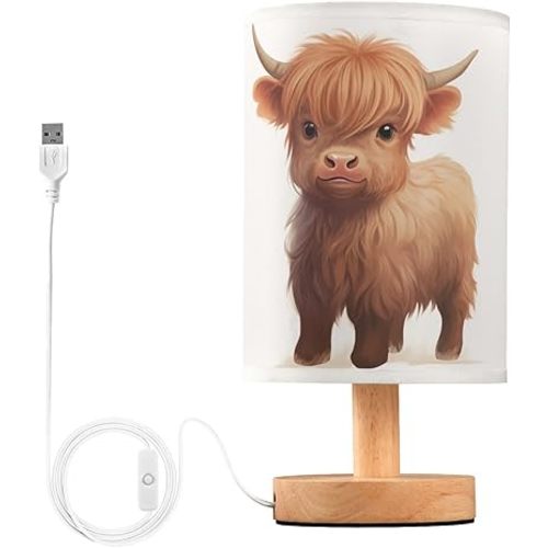 Bedside Table Lamp Cute Highland Cow Animal Nightstand Lamp with Wood Desk Lamps for Bedroom Living Room Nursery Office Home Decor