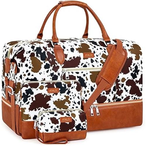 Weekender Bag for Women, Travel Duffel Bag Carry On Overnight Bag with Shoe Compartment Large Nylon Travel Weekend Tote Bag - 5-Brown Cow