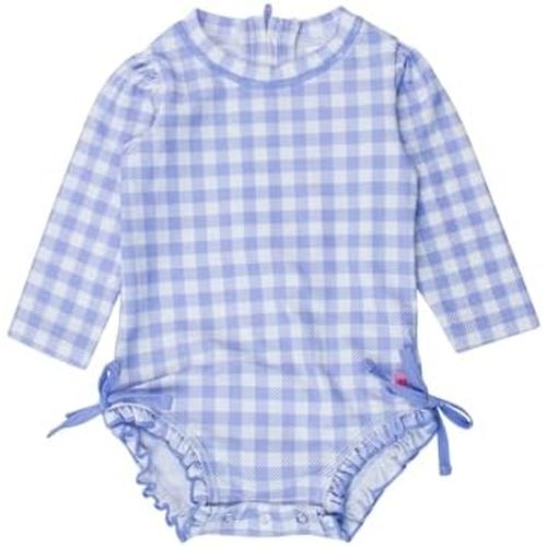 RuffleButts Baby Girls UPF 50+ Sun Protection Gingham Printed Long Sleeve One Piece Rash Guard Swimsuit with Zipper
