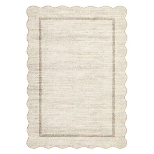 Scalloped Washable Bordered Living Room Bedroom Rug, Ultra Thin Non Slip Indoor Farmhouse Carpet for Dining Room