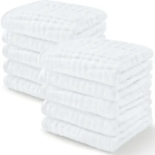 Muslin Cotton Washcloths - 10"x10" (White, 10 Pack)