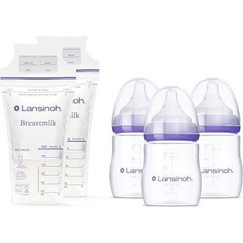 Lansinoh Breastmilk Storage Bags, 200 Count, Breast Milk Storage Bags for Feeding, Baby Essentials, Strong Double-Sealed, 6oz + Lansinoh Anti-Colic Baby Bottles for Breastfeeding Babies, 5oz, 3 Count