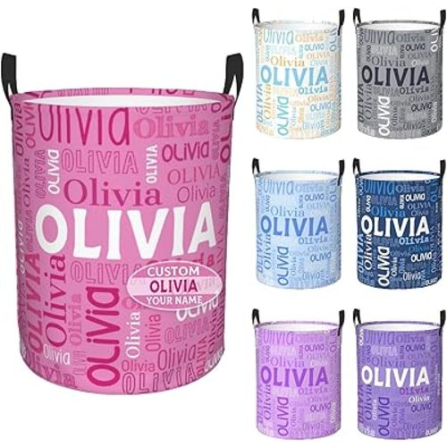 Custom Name Laundry Hamper, Personalized Dirty Clothes Hamper Storage Basket with Name for Bathroom Bedrooms, Customized Name Circular Hamper with Handles Gifts for Boys Girls Men Women Hot Pink S