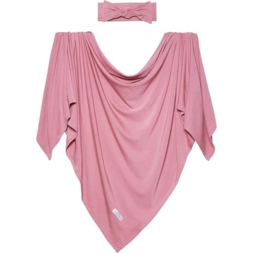Posh Peanut Swaddle Blanket & Headband Set – Viscose from Bamboo Stretchy Baby Swaddle for Newborn Girls, Receiving Blanket or Nursing Cover