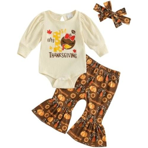 My First Thanksgiving Baby Girl Outfit Newborn Turkey Onesie Bell Bottoms Set Cute Romper Flare Pants Fall Clothes