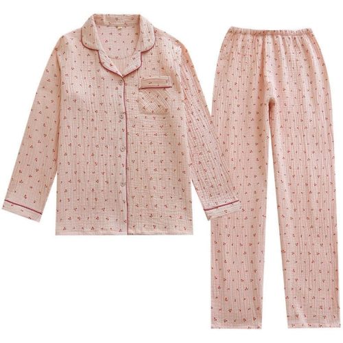 Womens Cotton Gauze Pajama Set Long Sleeve Button Up Shirt and Pants 2 Piece Cute Printed Pj Set