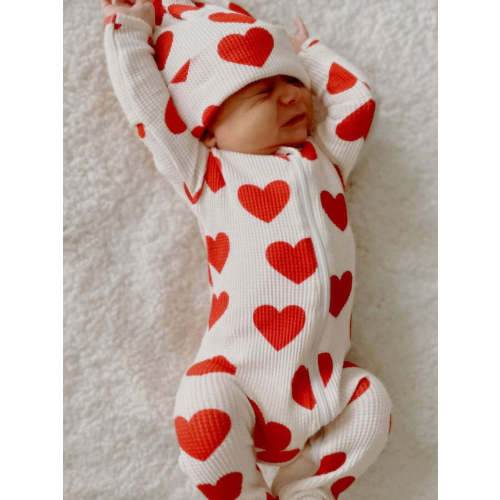 Organic Waffle 2-Way Zip Footie, Red Heart