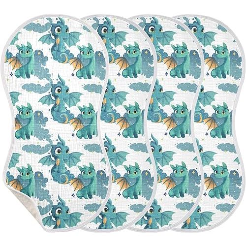 Muslin Baby Burp Cloths Set of 4, Soft Absorbent Cartoon Green Dragon Muslin Washcloths, Bibs, Face Towel for Newborn Boys Girls, 22 x 11 Inch