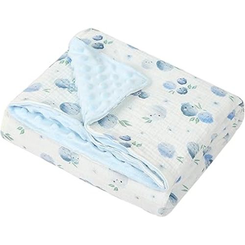 Baby Boys Girls Minky Blanket with Muslin Cotton Front and Dotted Fleece Backing, Soft Nursery Blankets for Newborn Toddler Crib Stroller Car Seat, Blueberries