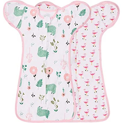 2 Pack Transition Swaddle with 2 Way Zipper, 2 in 1 Arms in/Out Transitional Arms Up Swaddle, 100% Cotton Newborn Swaddles Zipper Swaddles Baby Swaddling Sack Sleeping Sack 3-6 Months, Flamingo & Bear