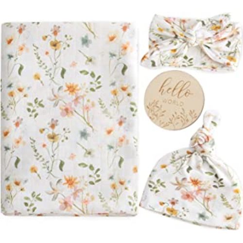 LifeTree Newborn Swaddle Set with Matching Hat and Bow Set, Wooden Birth Announcement Card, Floral Baby Girl Newborn Receiving Blankets Baby Swaddle Nursery Wildflower Baby Blanket