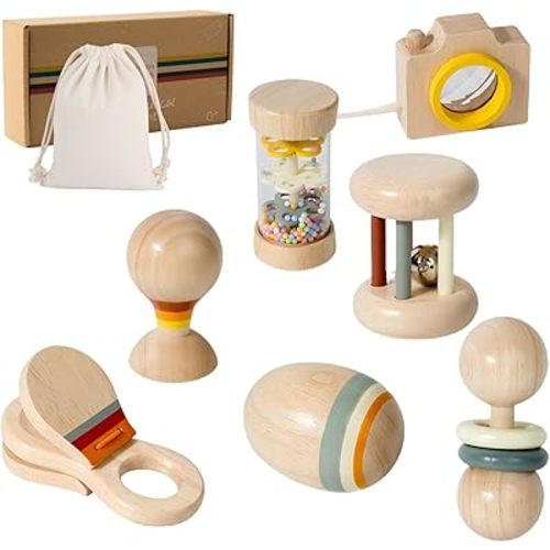 7 PCS Wooden Baby Toys Set - Organic Infant Rattles Newborns 0-6 Month & Montessori-Inspired Musical Instruments for 0-12 Month - Natural Toddler Developmental Toys