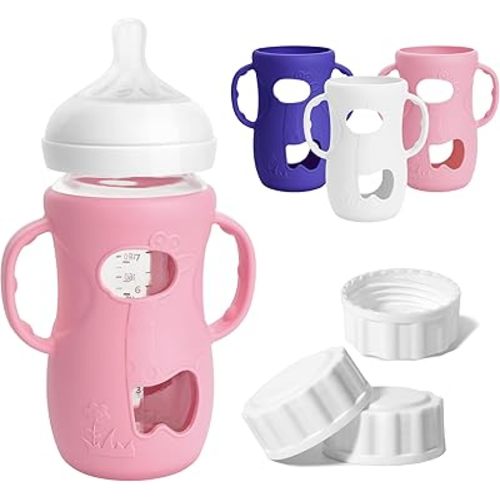 3 Pack Silicone Sleeves for Philips Avent Natural Glass Bottle, Food Grade Anti Breakage Baby Bottle Holder with Handles and 3pcs Travel Bottle Caps, Bottle Lids Replacement (White+Pink+Purple, 8oz)