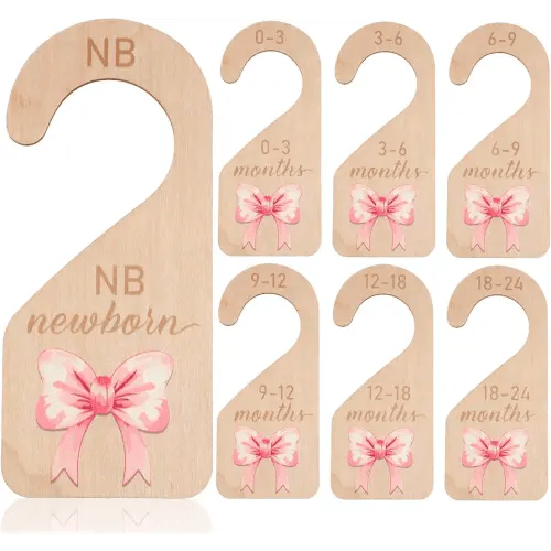 7PCS Wooden Baby Closet Dividers, Pink Bow Baby Clothes Organizer, Double-Sided Nursery Clothes Size Hanger Organizer from Newborn to 24 Months for Boho Nursery Decor