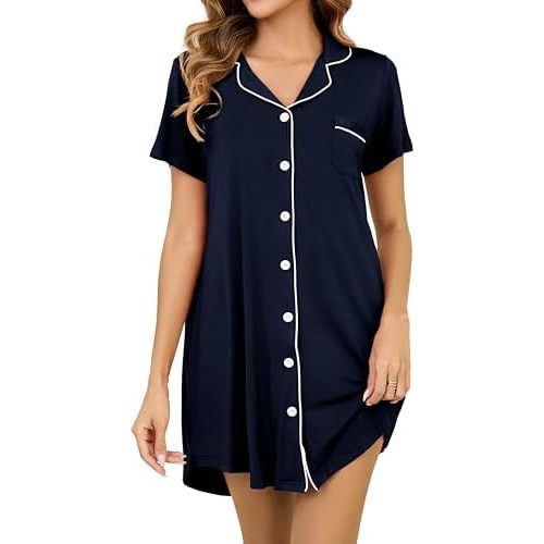 Nightgowns for Women Short Sleeve Button Down Nightshirt Soft Sleepshirt Boyfriend Pajama Dress