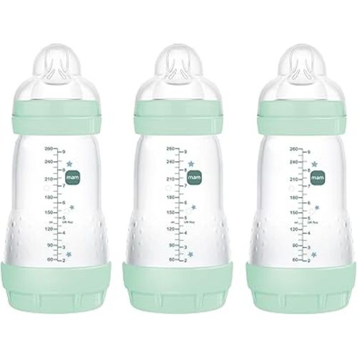 MAM Easy Start Anti-Colic Bottle 9 oz (3-Count), Baby Essentials, Medium Flow Bottles with Silicone Nipple, Baby Bottles for Baby Boy, Blue