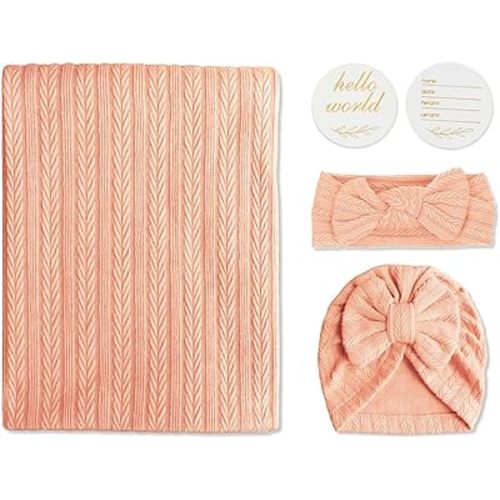 Golener Muslin Swaddle Blankets - Sleepea Swaddle with Bow Headbands, Hats Set and Newborn Name Announcement Card, Stretchy Baby Blankets for Girls&Boys Unisex, Perfect for Newborn Photos (Peach)