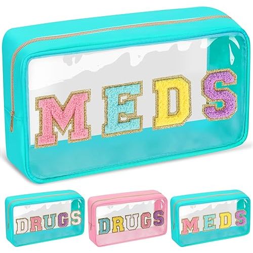 Chenille Letter Bag Clear MEDS Makeup Pouch, Preppy Cute Small Medicine Bag Travel Drugs Pills Zipper Pouch, Nylon Waterproof Portable Meds Bag Toiletry Storage Organizer for Patient Nurse(MEDS-Green)