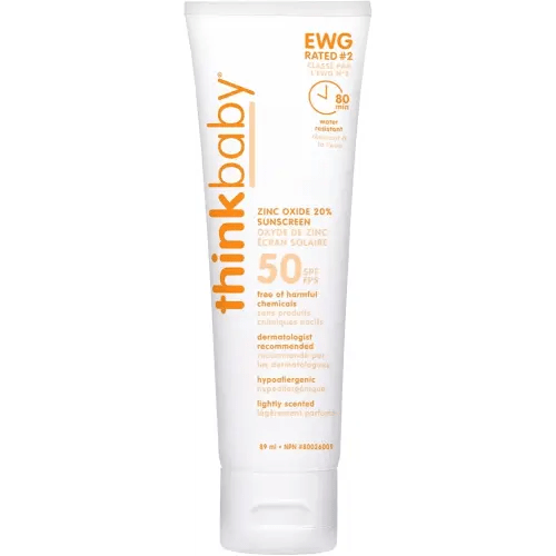 Thinkbaby SPF 50+ Baby Mineral Sunscreen – Safe, Natural Sunblock for Babies - Water Resistant Sun Cream – Broad Spectrum UVA/UVB Sun Protection – Vegan Baby Sunscreen Lotion, 3 Oz.