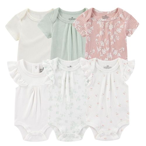 Baby Bodysuit 6 Pack Soft Mixed Ribbed Short Sleeve Romper Infant Boy Girl Clothes Set