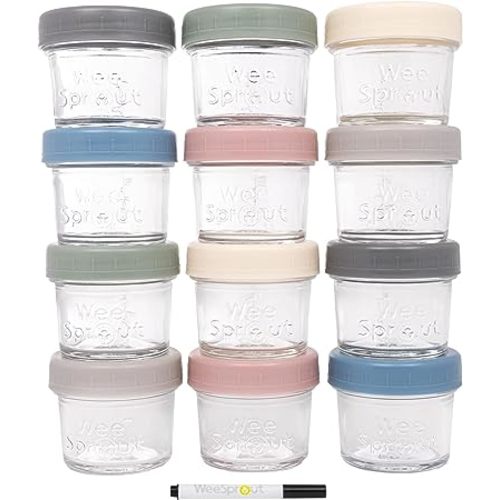 WeeSprout Glass Baby Food Storage Jars w/Lids (4 oz, 12 Pack Set) Snack, Puree, Reusable Small Containers, Breast Milk, Fridge or Freezer, Microwave & Dishwasher Safe, Essential Must Have for Infants - Matte Variety - 4 oz (Plastic Lids + Embossed Glass)