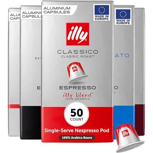 illy Aluminum Espresso Capsules - Compatible with Nespresso Machines - Classico, Forte, Intenso, Decaf, Classico Lungo Roasts - Variety - 10 Count (Pack of 5)