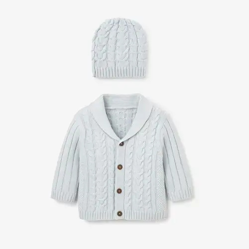 Pale Blue Horseshoe Cable Knit Cardigan & Hat Baby Boxed Gift Set BLUE / 9-12M