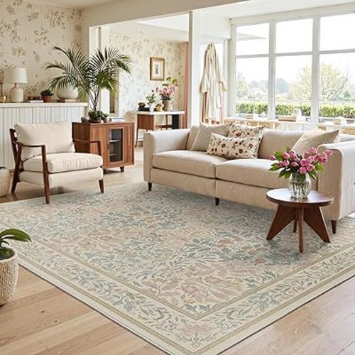 Bavni Floral Beige Pink Area Rugs 8x10, Vintage Boho Carpet Machine Washable, Non Slip Soft Low Pile Thin Rug for Bedroom, Living Room, Dining Room, Nursery