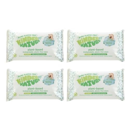 Kinder by Nature Plant Based Baby Wipes - 100% Biodegradable & Compostable, 224 Count (4 Packs of 56) - 99% Plant-Based Ingredients, Plastic-Free Wipes